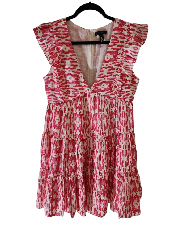 Aqua Dresses & Skirts - AQUA Pink White Ikat Print Tiered Mini Dress Ruffle Sleeve V-Neck Size M